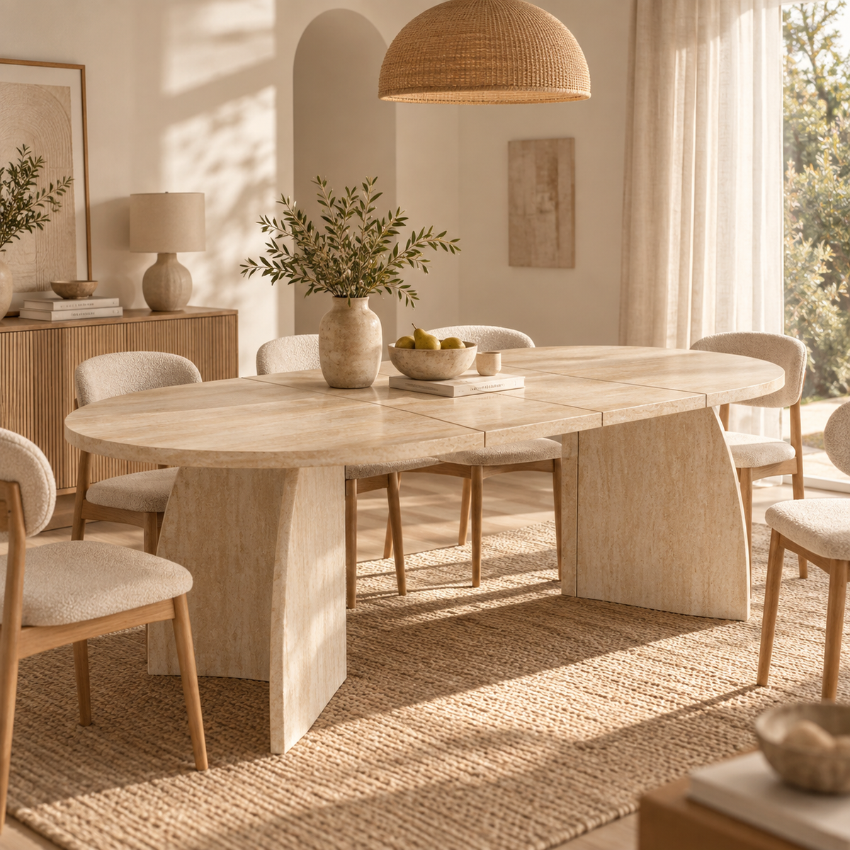 Solen – Extendable Oval Dining Table Travertine Effect – 4 to 8 People 100/140/180*100cm