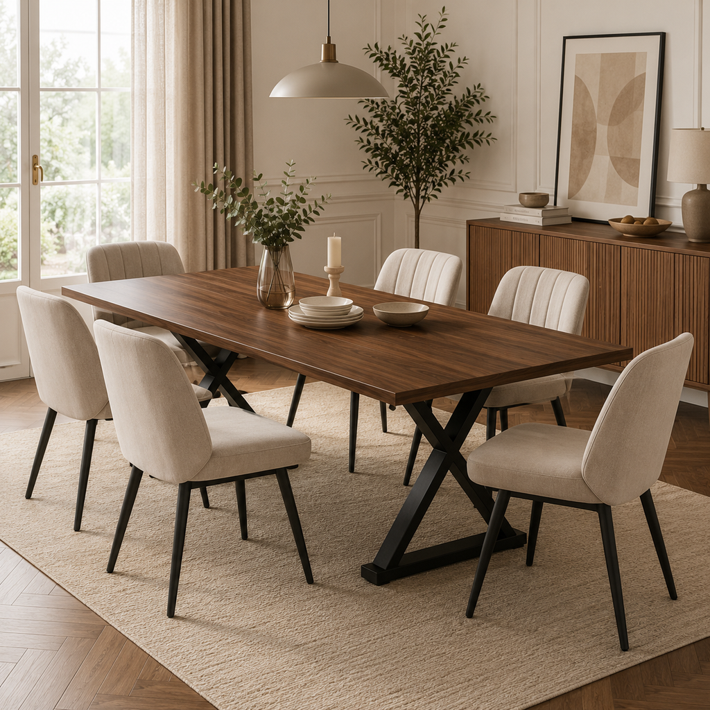 Vetra – Table à Manger Rectangulaire 6–8 Personnes en Noyer & Métal Noir 180*90cm