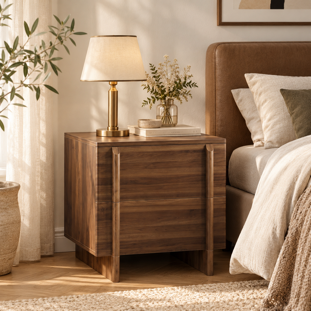 Noma – Walnut-Effect Wooden Bedside Table with 2 Drawers – 48 cm