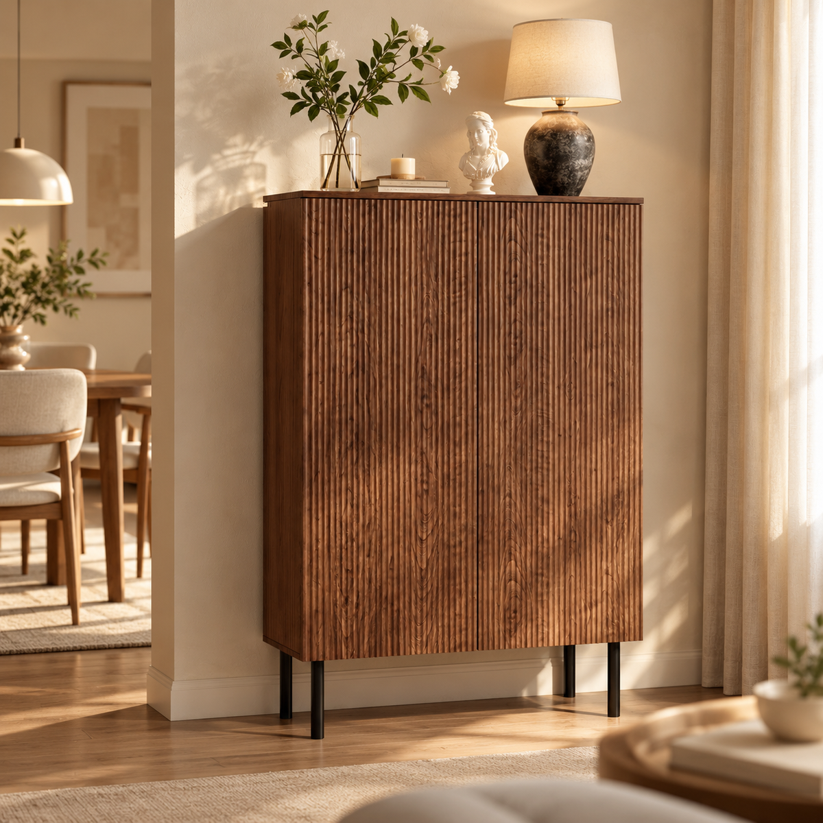 Vetra – Tall Walnut Wood Display Cabinet with LED & Ribbed Doors – 80 cm
