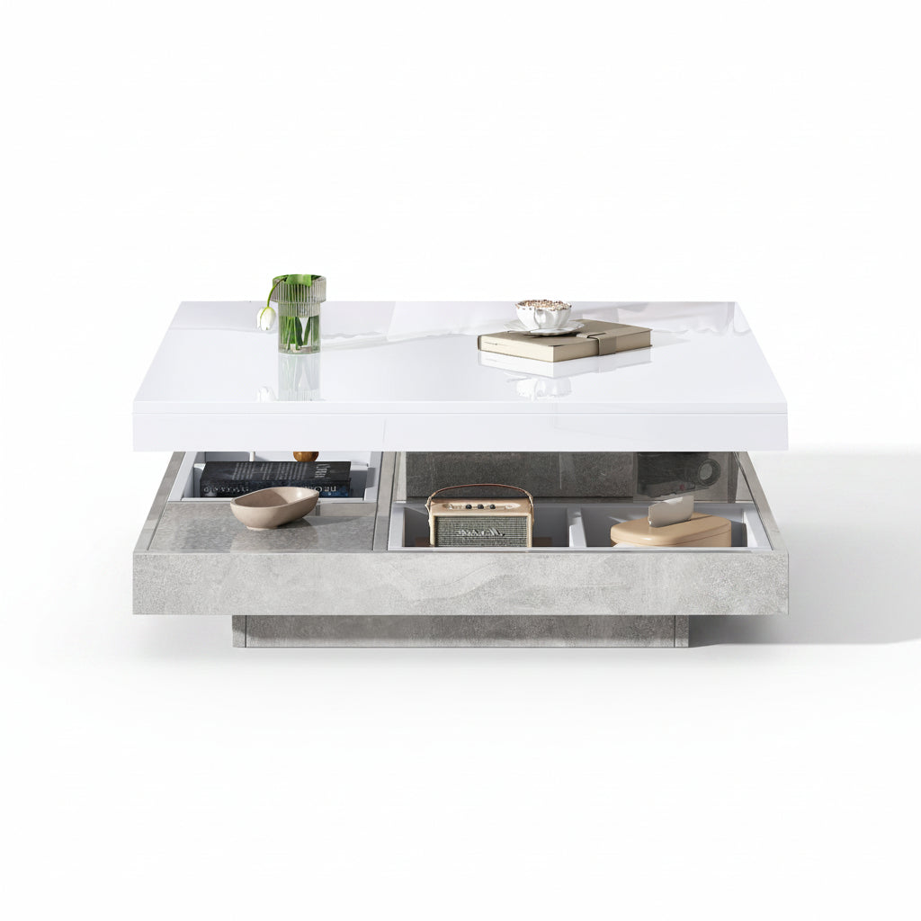 Oria – Table Basse Marbre Gris Pivotante avec Rangement