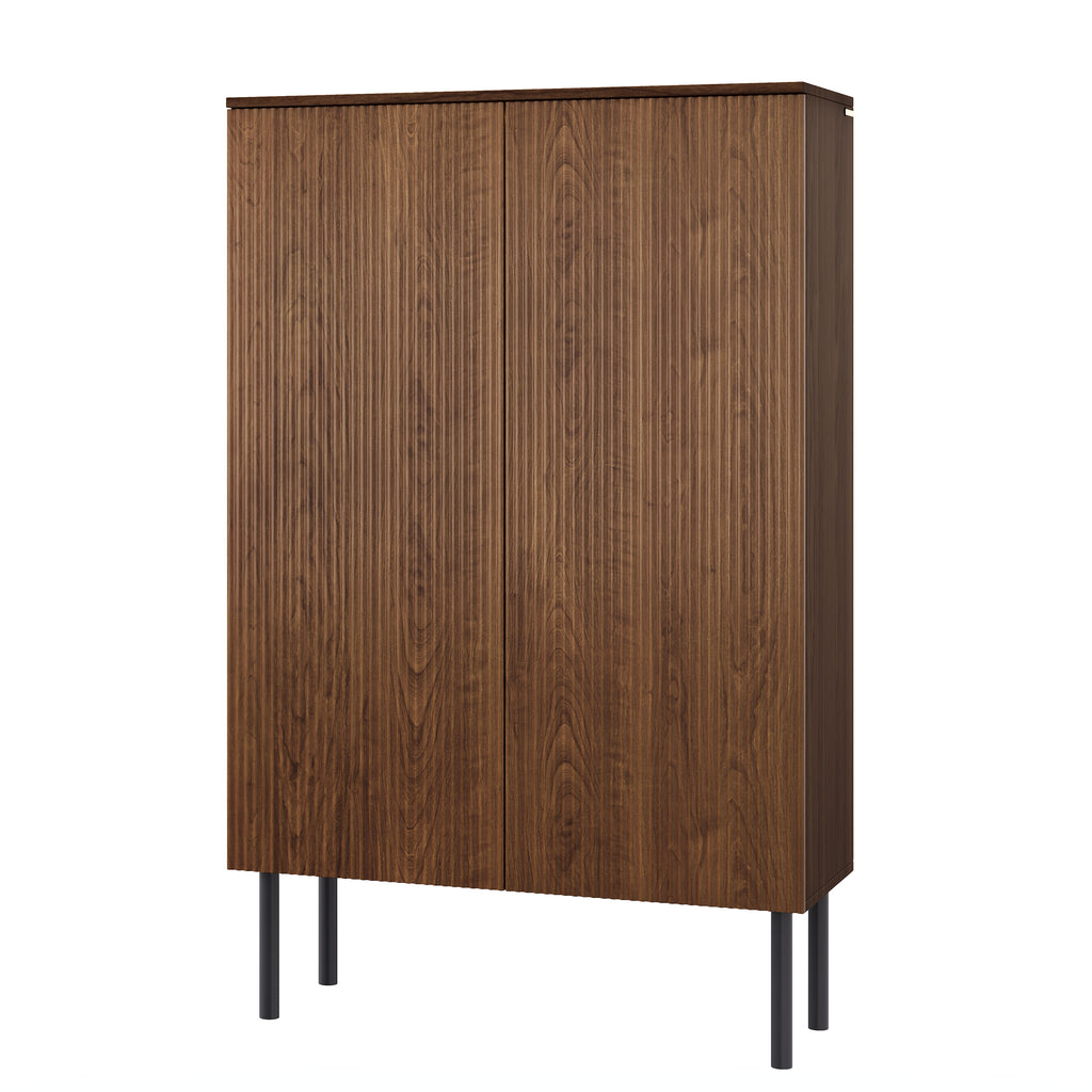 Vetra – Tall Walnut Wood Display Cabinet with LED & Ribbed Doors – 80 cm
