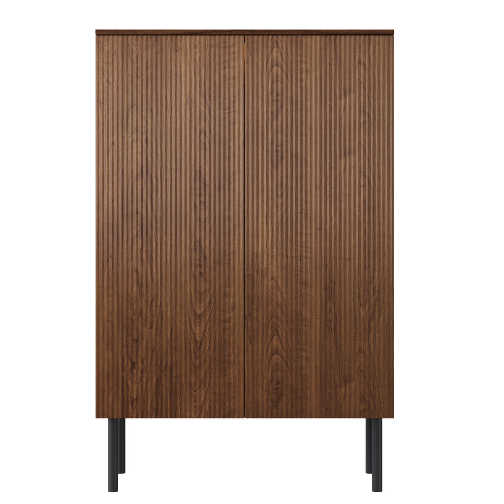 Vetra – Tall Walnut Wood Display Cabinet with LED & Ribbed Doors – 80 cm