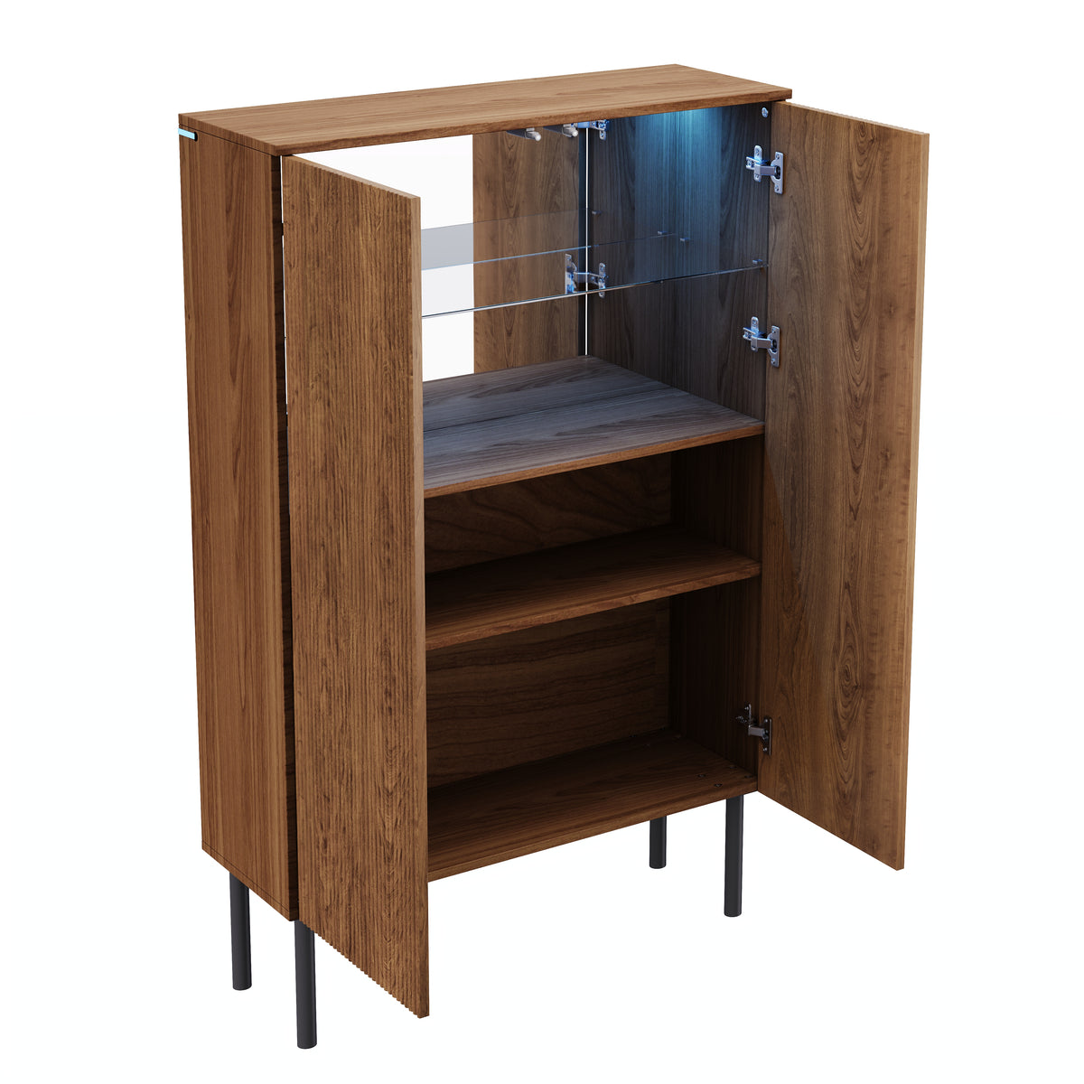 Vetra – Tall Walnut Wood Display Cabinet with LED & Ribbed Doors – 80 cm