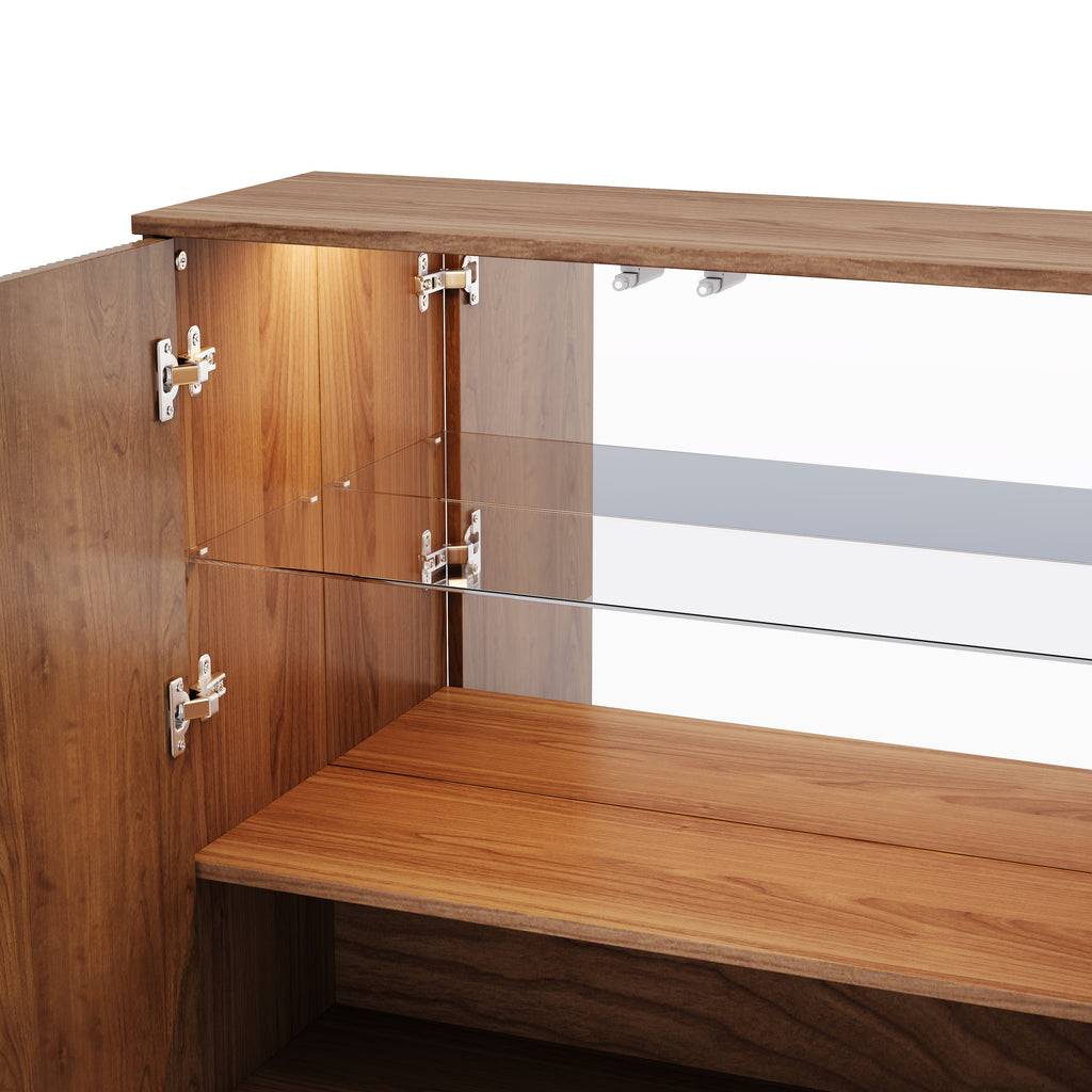 Vetra – Tall Walnut Wood Display Cabinet with LED & Ribbed Doors – 80 cm