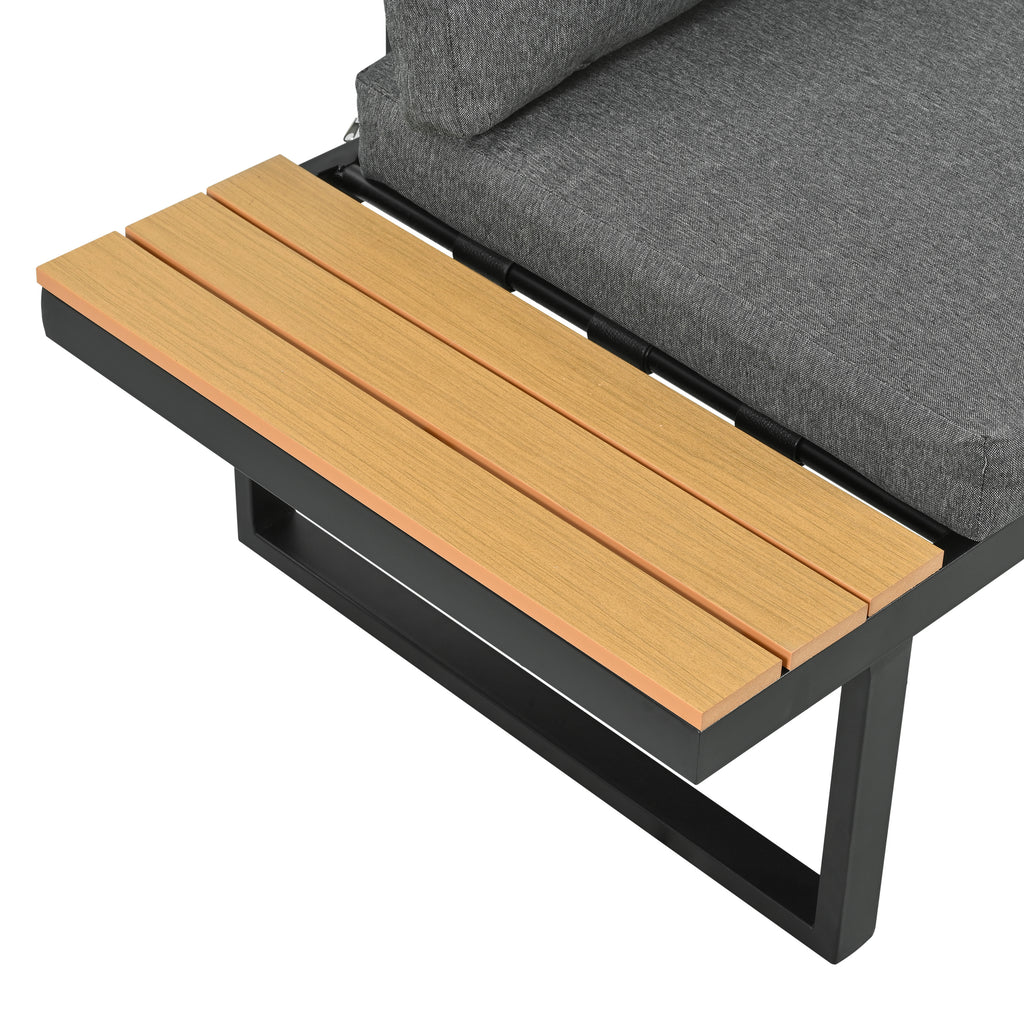 Lune – Salon de Jardin d'Angle Modulable 5 Places avec Table Effet Bois