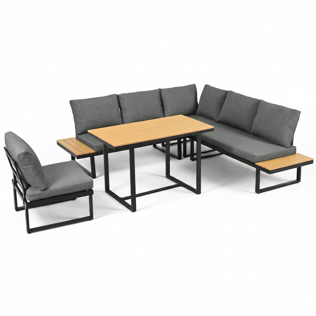 Lune – Salon de Jardin d'Angle Modulable 5 Places avec Table Effet Bois