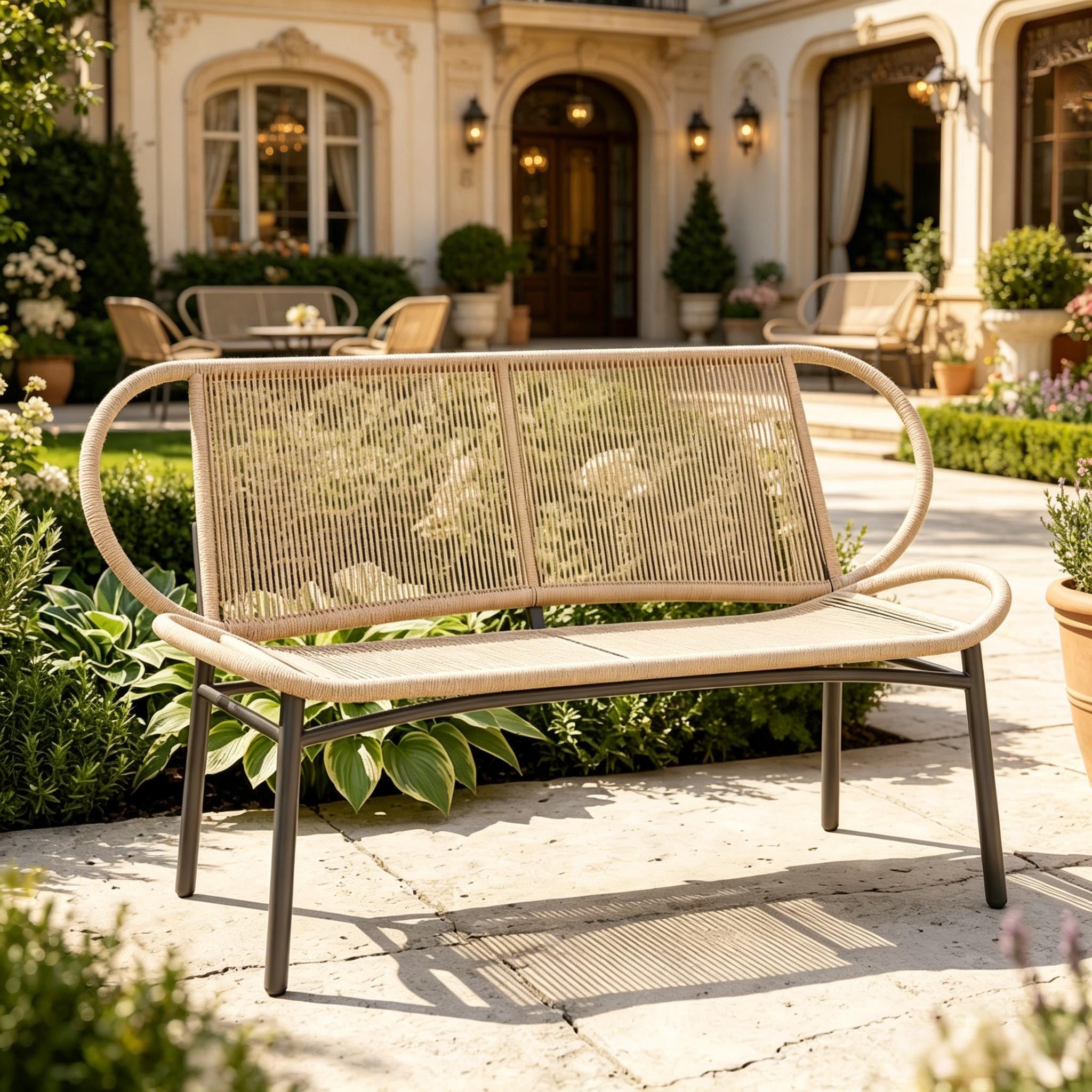 Liora – 2-Persoons Tuinbank in Gevlochten Touw & Metaal – Eigentijdse Outdoor Stijl